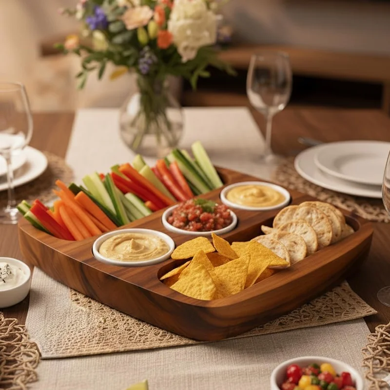 بيلي صينية تقديم بجانبين لوضع رقائق المقرمشات مع ثلاثة أوعية لوضع صلصات التغميس